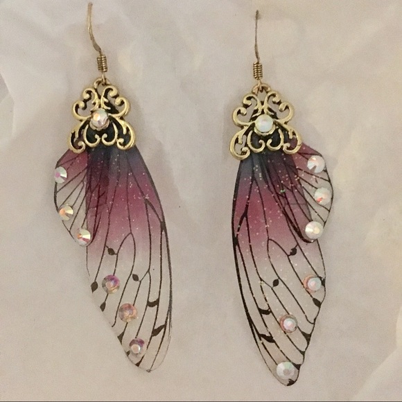 Butterfly Wing Fairy Earrings Gold Jeweled - Picture 3 of 8